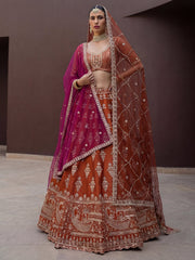 Awesome Rust Orange Hand Work Silk Bridal Lehenga Choli With Double Dupatta
