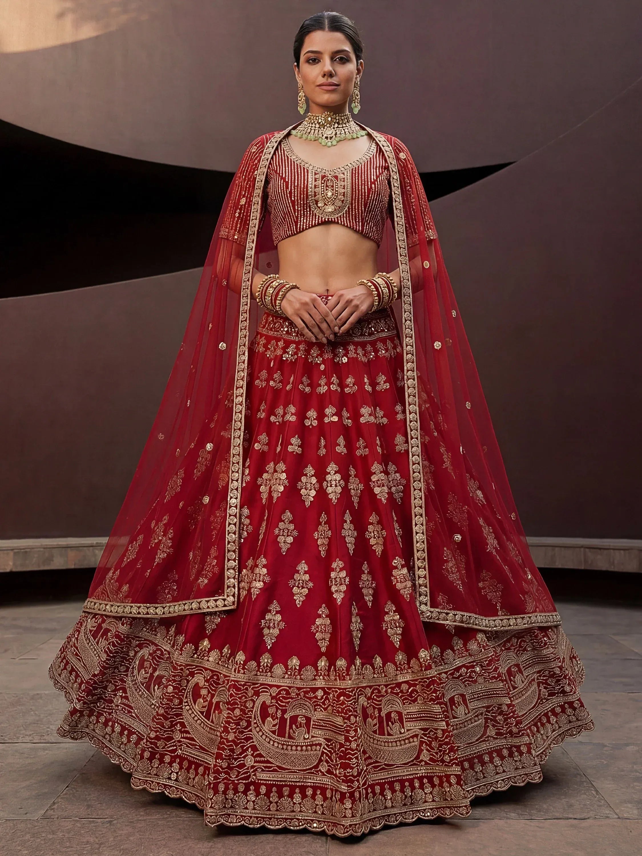 Royal Red Heavy Embroidered Silk Bridal Lehenga Choli With Double Dupatta