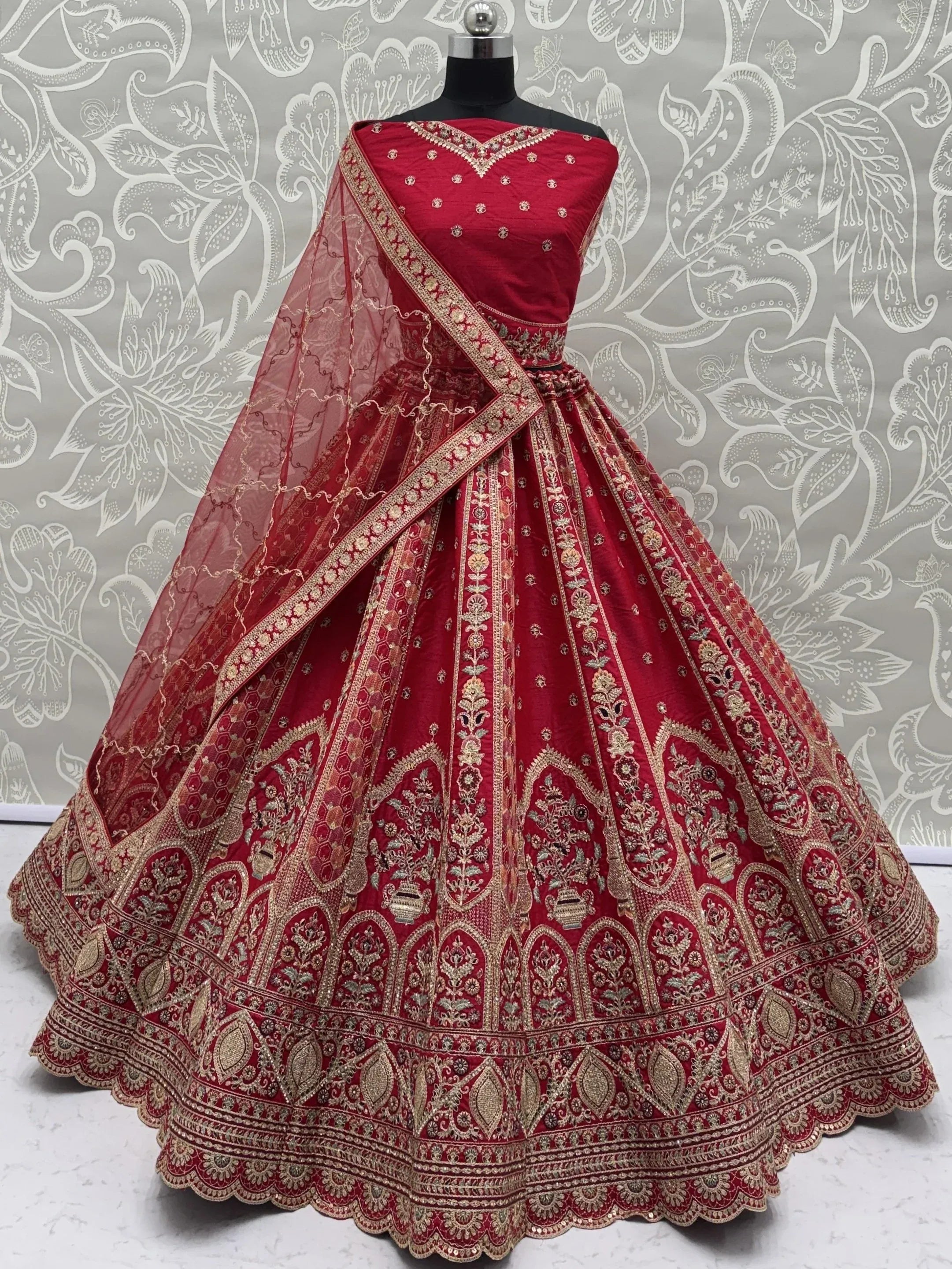 Ravishing Red Zari Embroidery Silk Bridal Lehenga Choli With Double Dupatta