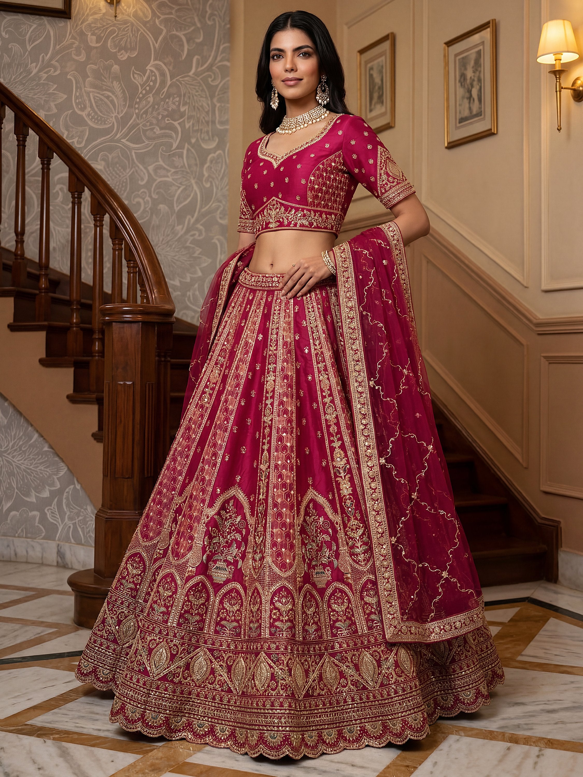 Sparkling Pink Thread Embroidered Silk Bridal Lehenga Choli With Double Dupatta