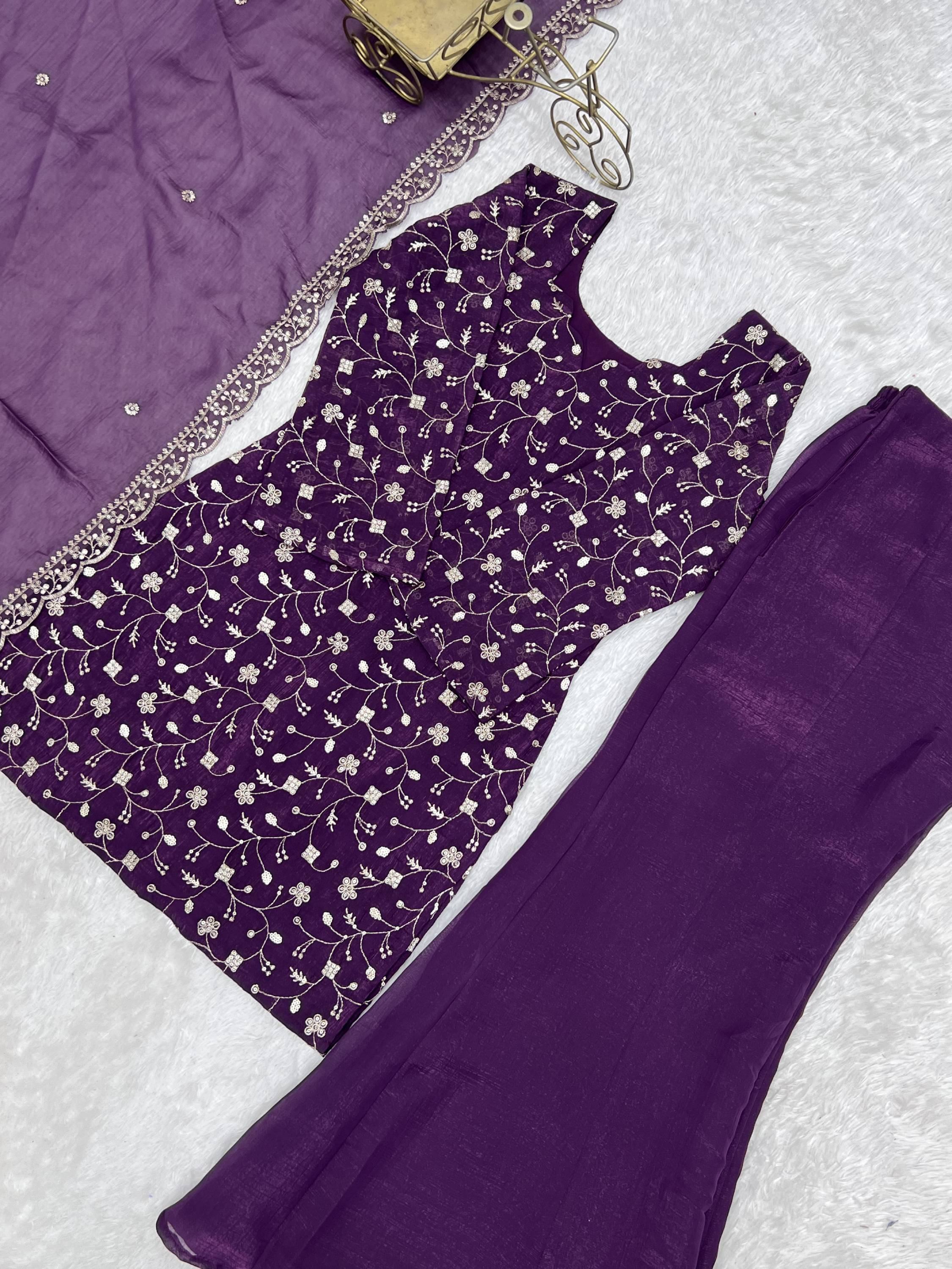 Beautiful Purple Sequins Silk Function Wear Pant Suit