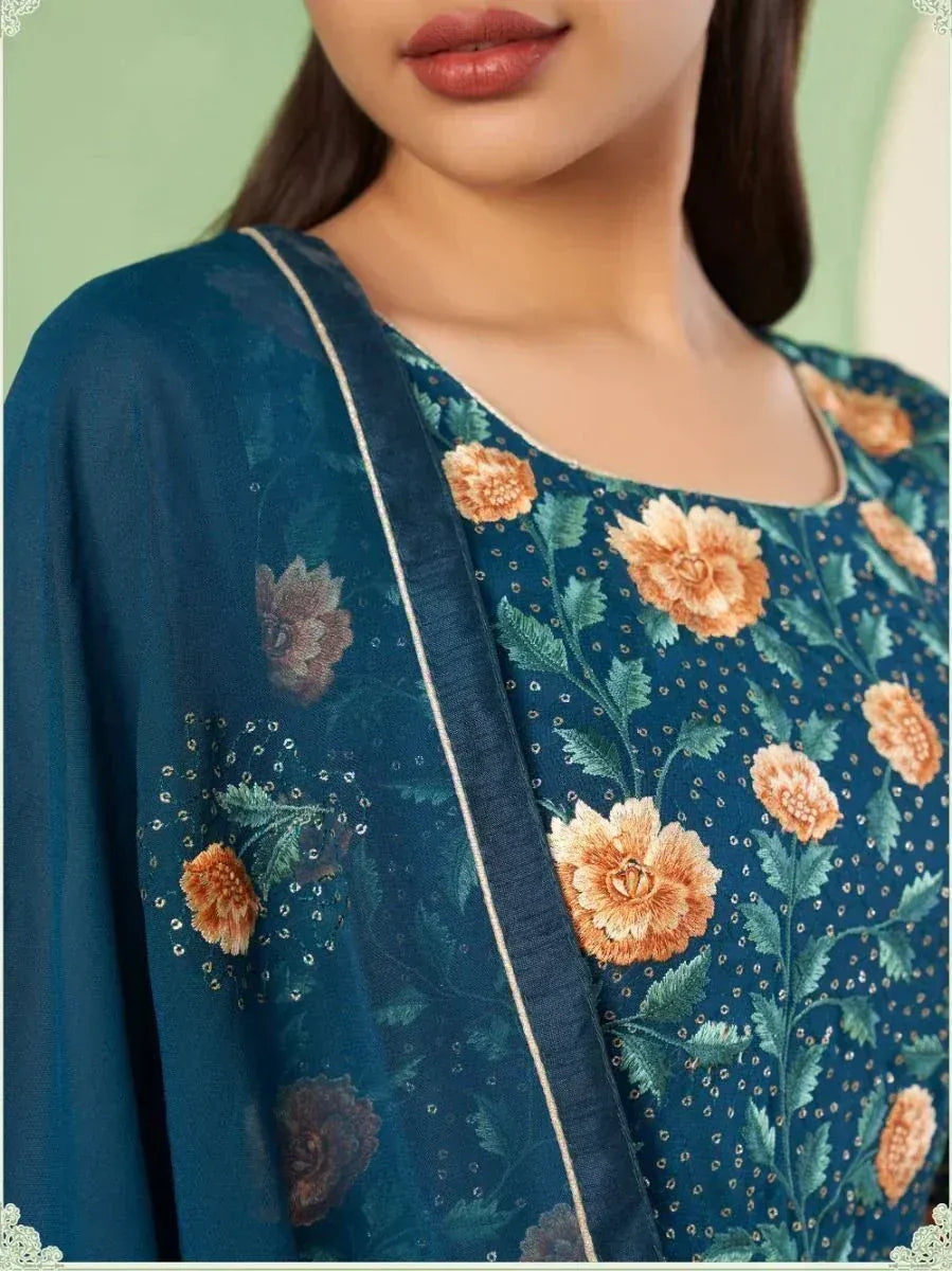 Teal floral embroidered ethnic kurti with matching dupatta, perfect for Indian wear