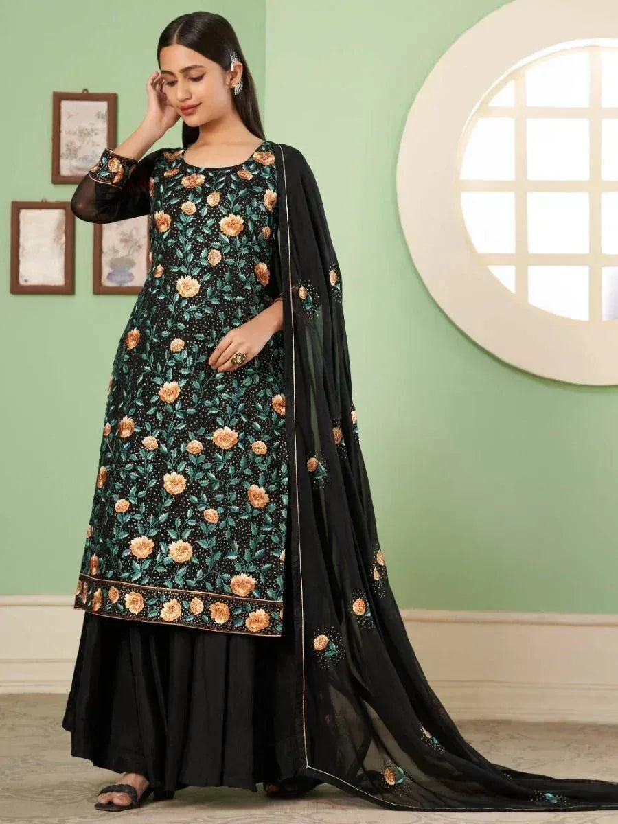 Black floral embroidered salwar kameez with matching dupatta, elegant Indian ethnic wear