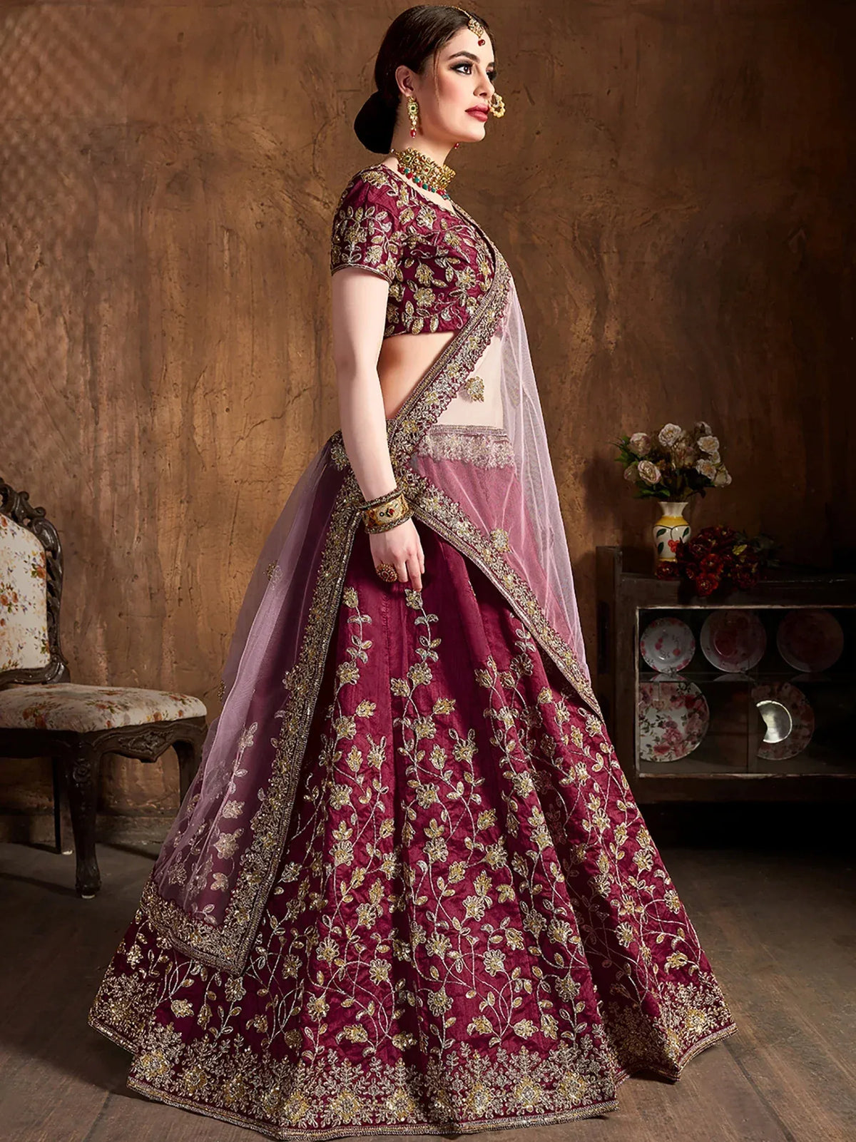 Awesome Maroon Embroidered Silk Wedding Wear Plus Size Lehenga Choli