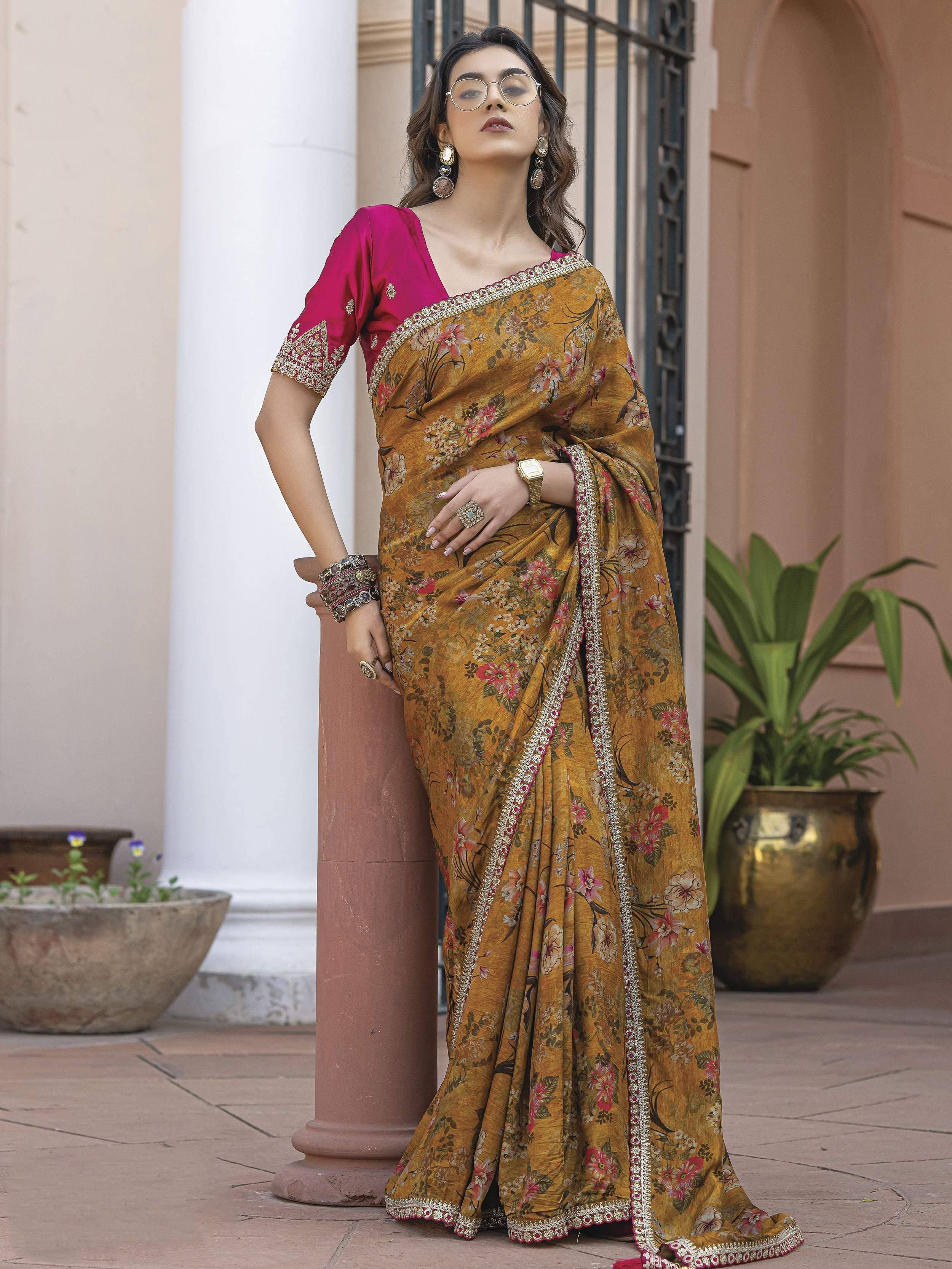 Woman in mustard floral saree with pink blouse, ethnic Indian wear, designer saree with embroidery