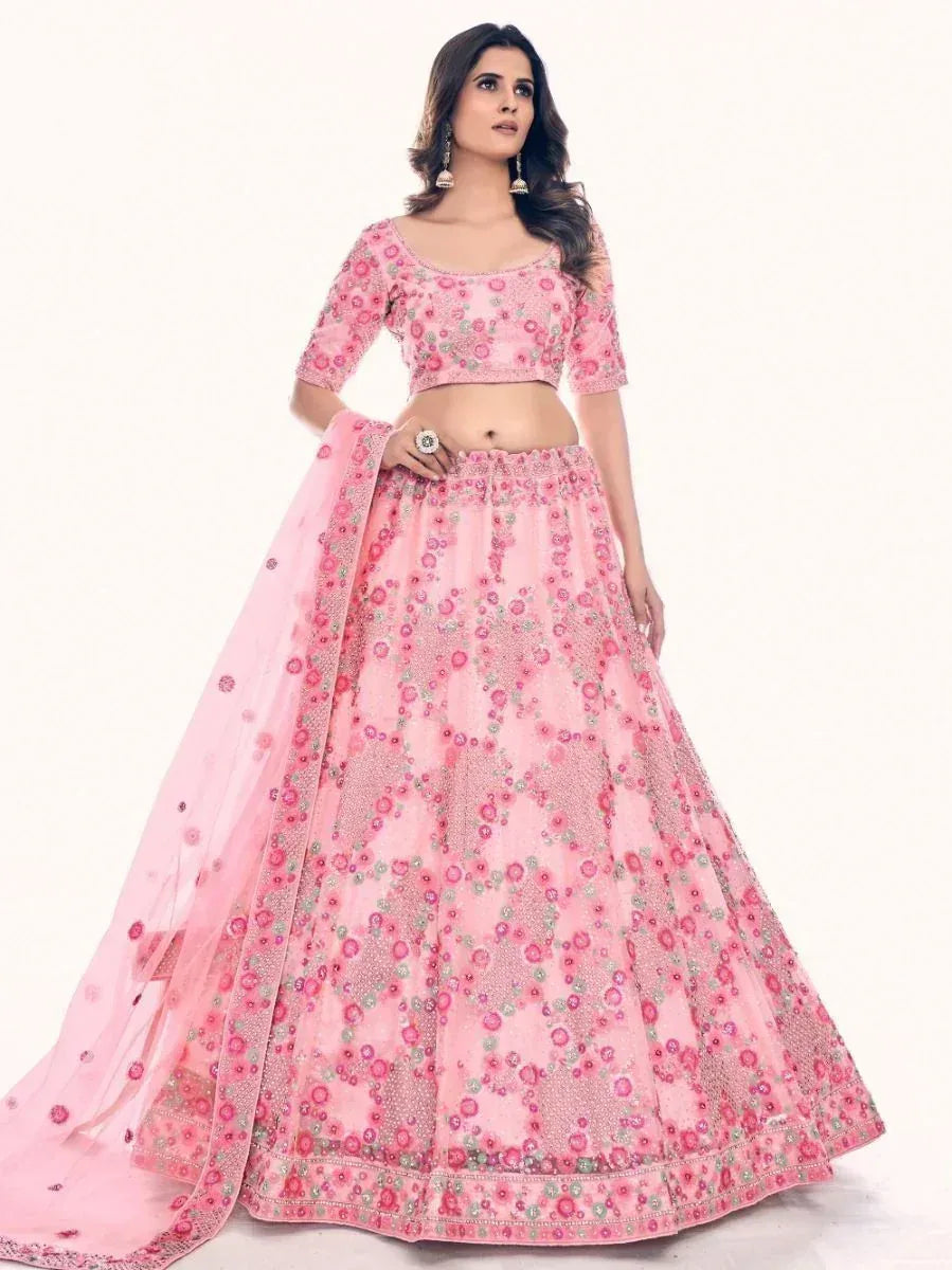 Pink floral embroidered lehenga choli with dupatta, Indian ethnic wear for women