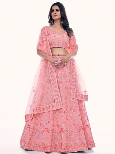 Fascinating Pink Embroidered Soft Net Lehenga Choli