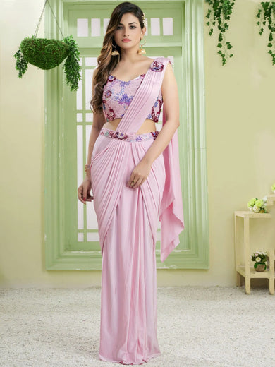 Sweet Pastel Pink Lycra Sequins Ready To Wear Saree With Blouse