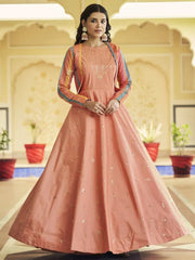 Marvelous Peach Sequins Work Cotton Gown With Jacket
