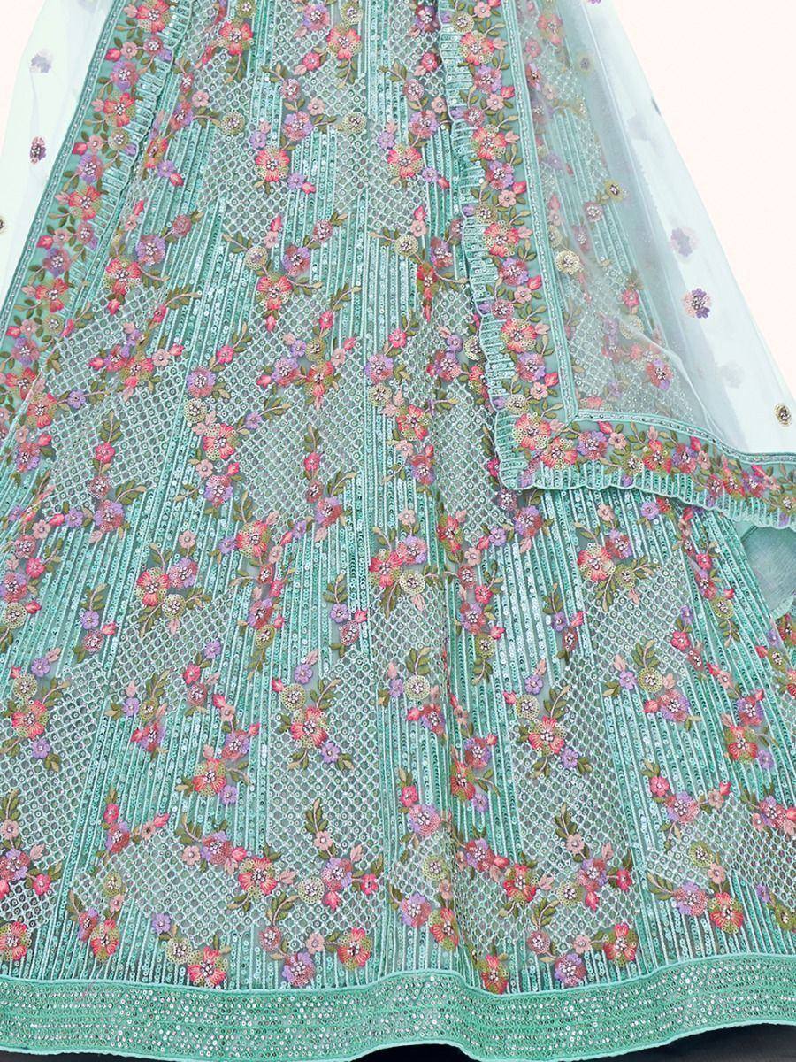 Mint green lehenga with floral embroidery and sequin detailing, perfect for Indian ethnic wear