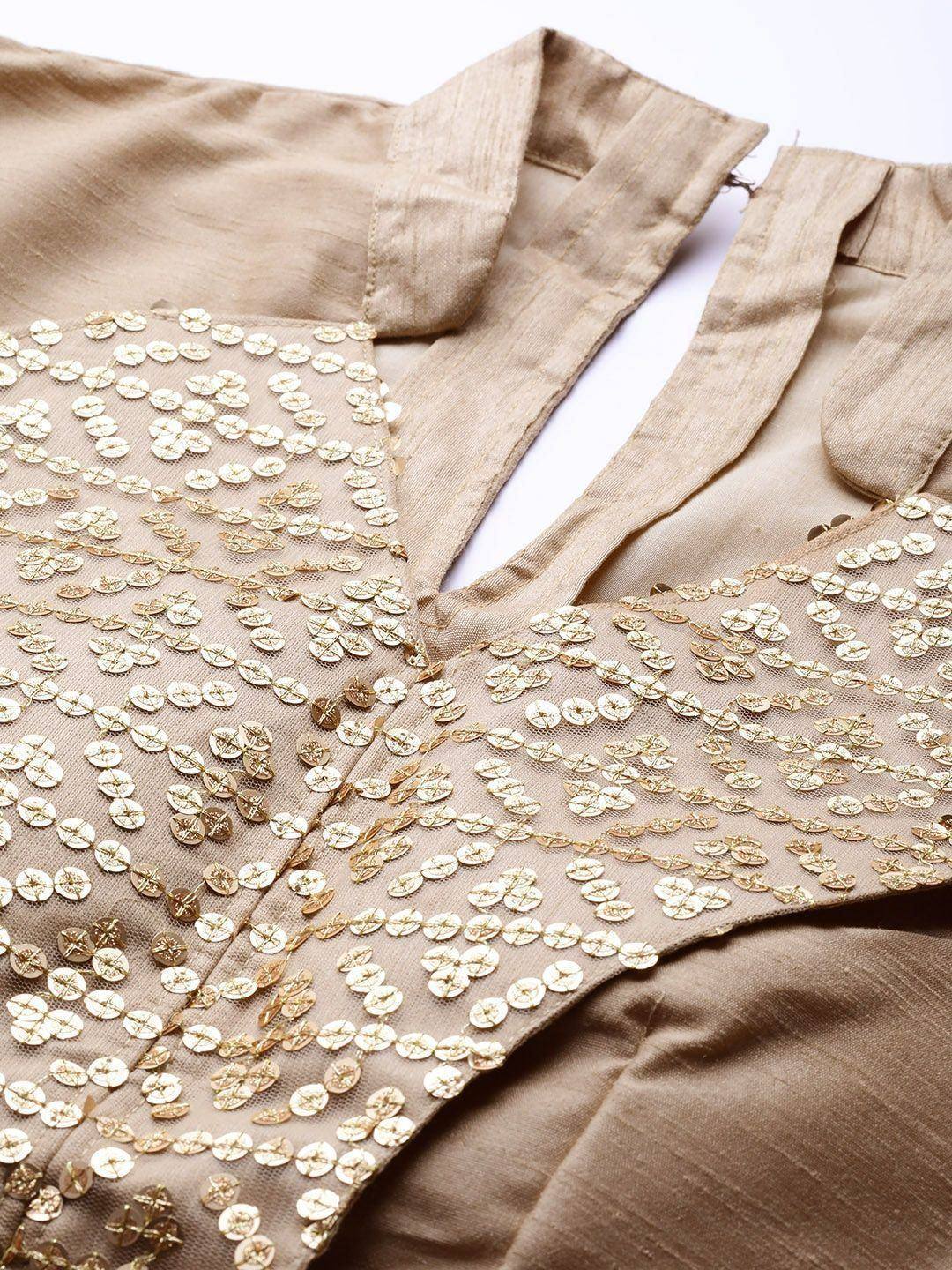 Beige ethnic blouse with gold sequin embroidery, V-neck design, perfect for lehenga choli or saree