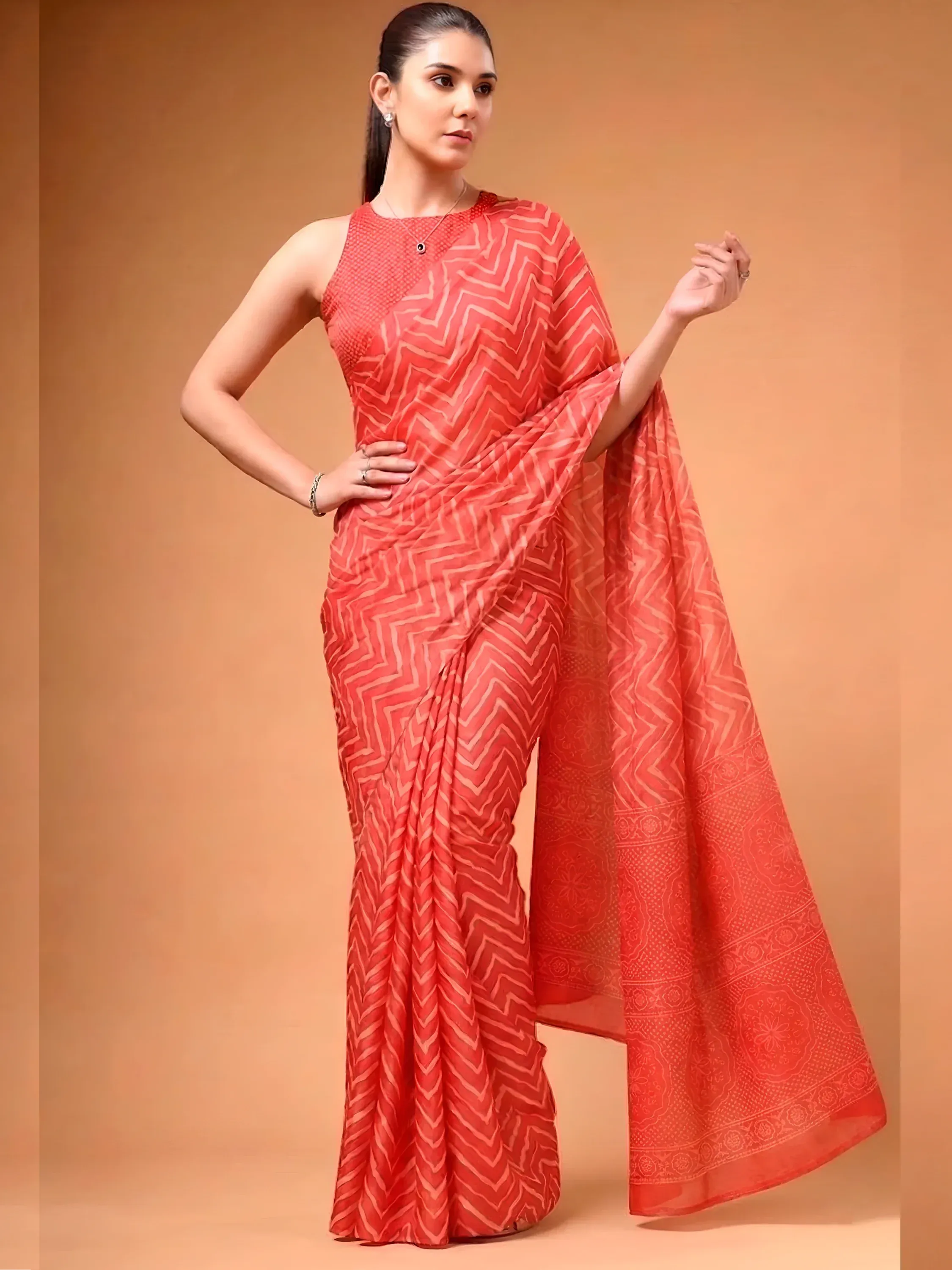 Likeable Coral Red Zig-Zag Printed Satin Wedding Wear Saree With Blouse