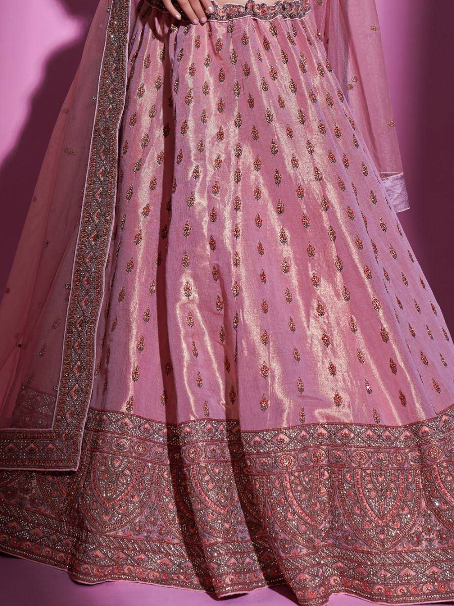 Pink designer lehenga choli with intricate embroidery and embellished border for Indian ethnic wear