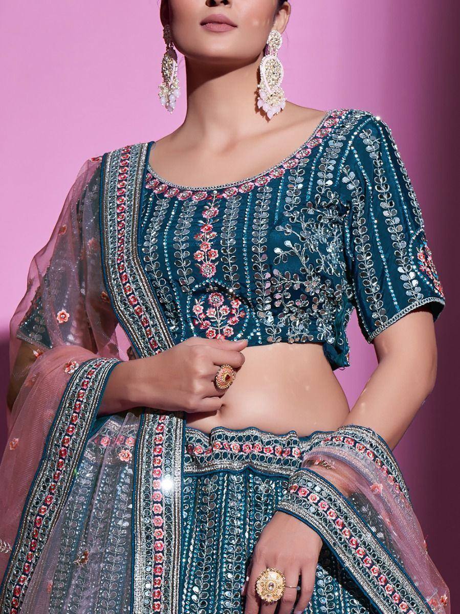 Teal embroidered lehenga choli with floral mirror work and pink dupatta, Indian ethnic wear