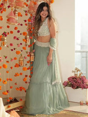 Glamorous Pista Green Thread Georgette Party Wear Lehenga Choli