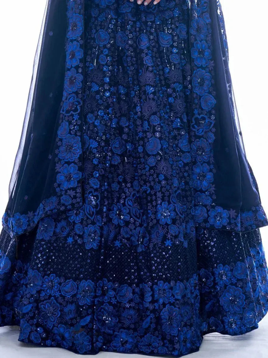 Royal blue embroidered lehenga with floral sequin detailing, perfect for Indian ethnic wear occasions