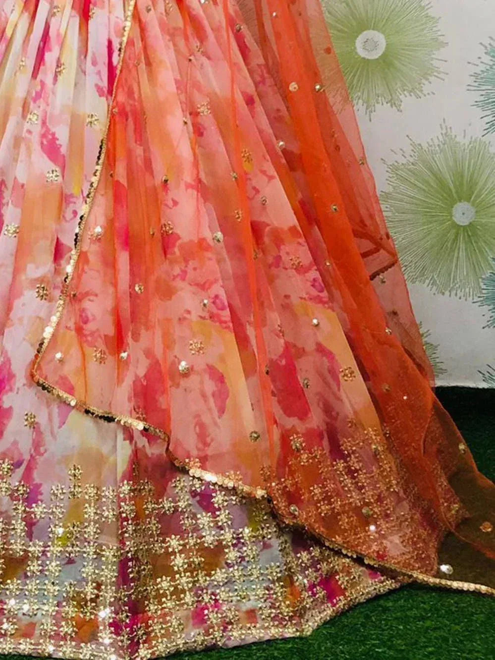 Floral printed lehenga choli with gold embroidery and sequins, Indian ethnic wear