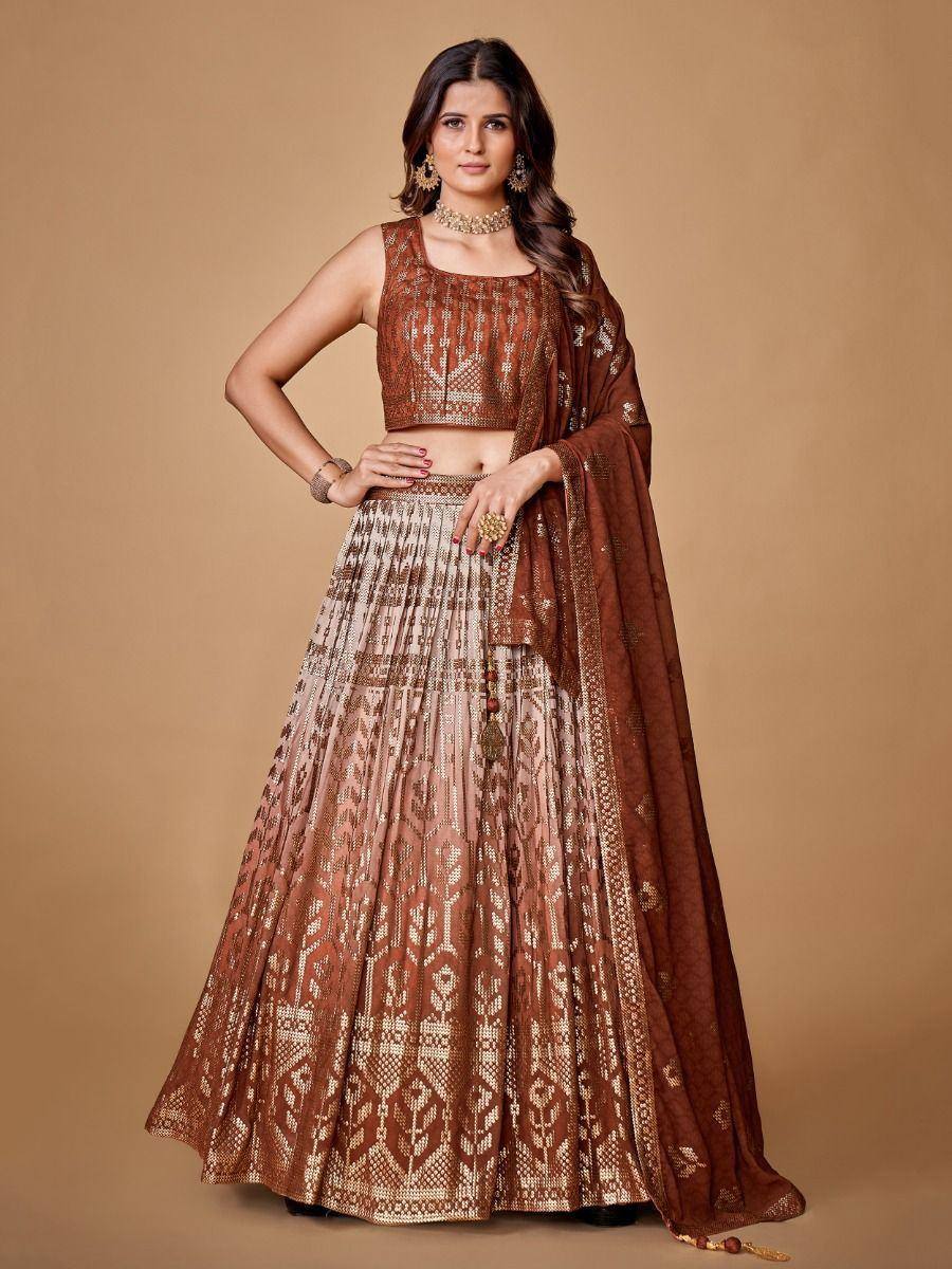 Brown and gold embroidered lehenga choli with matching dupatta, Indian ethnic wear for women