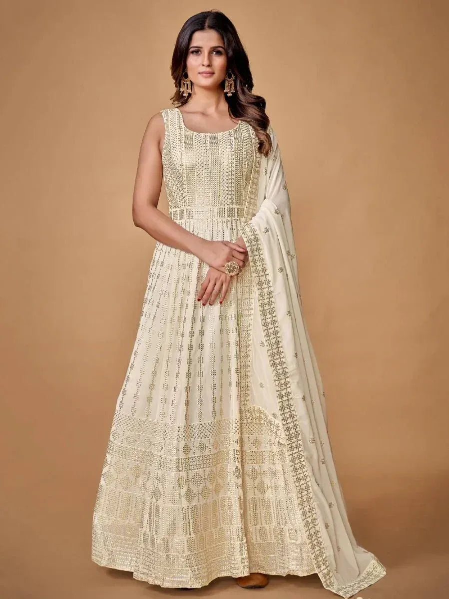 Cream embroidered anarkali suit with matching dupatta, ethnic Indian wear for women
