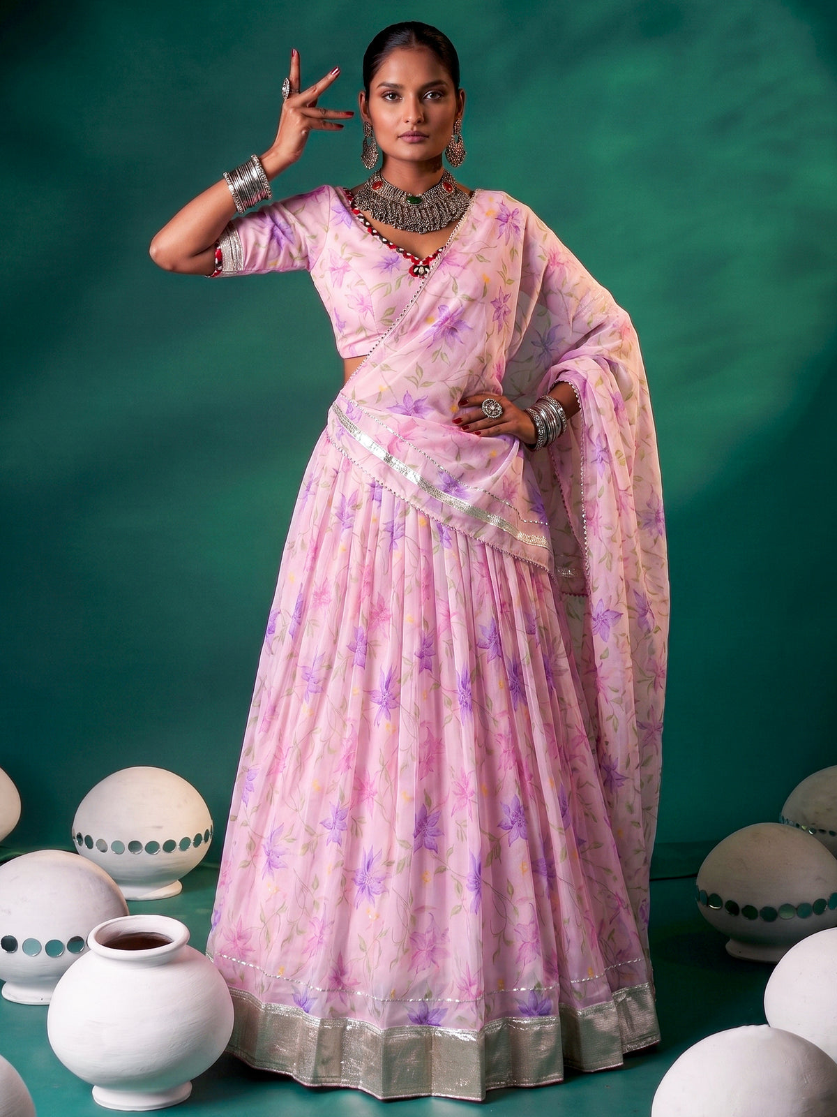 Artistic Pink Floral Printed Silk Wedding Wear Lehenga Choli With Dupatta