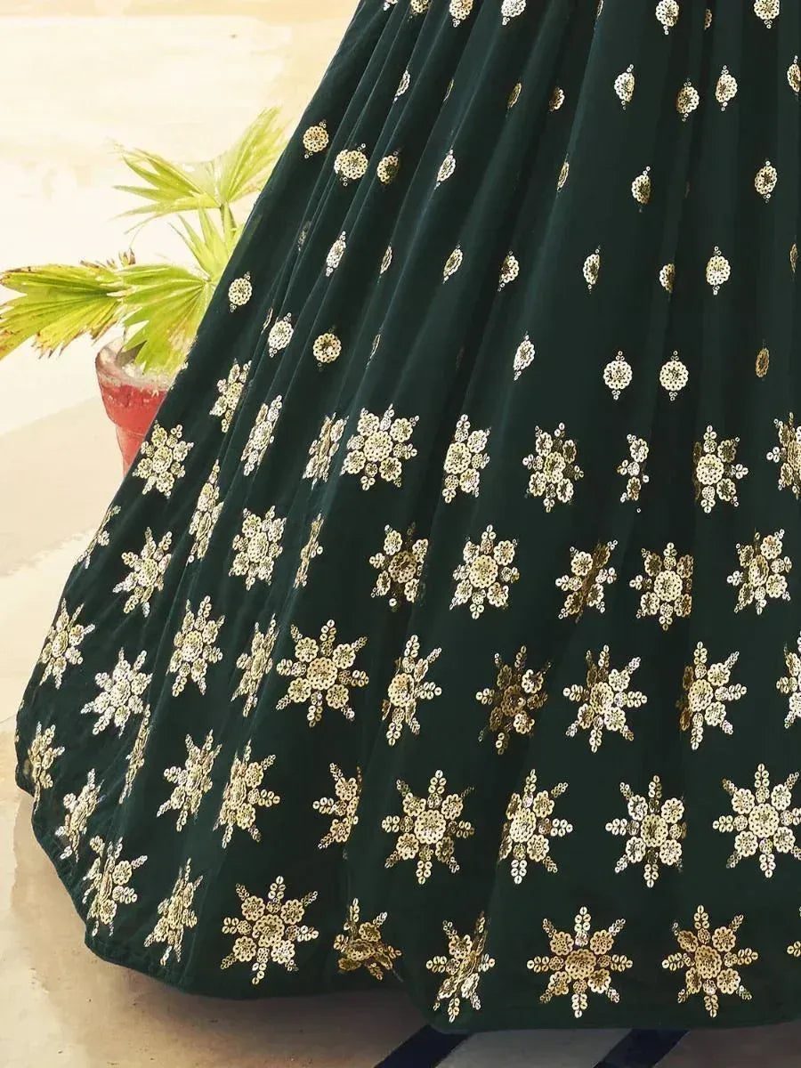 Emerald green lehenga with gold floral sequin embroidery, perfect for Indian ethnic wear occasions