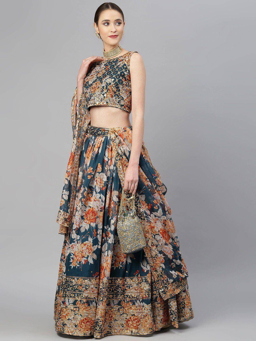 Floral print lehenga choli with embroidered border, perfect for Indian ethnic wear occasions