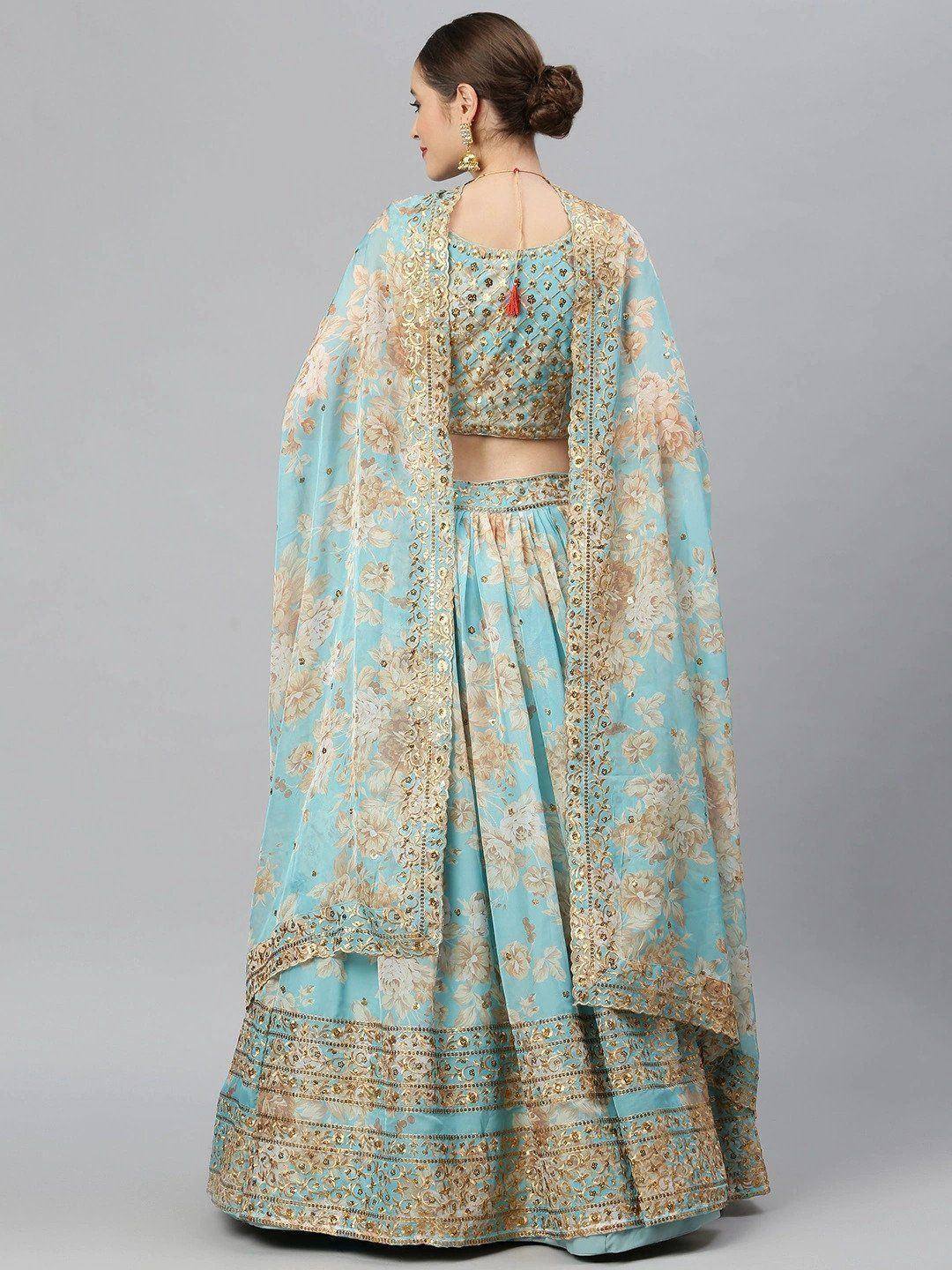 Light blue floral lehenga choli with gold embroidery and dupatta, Indian ethnic wear for women