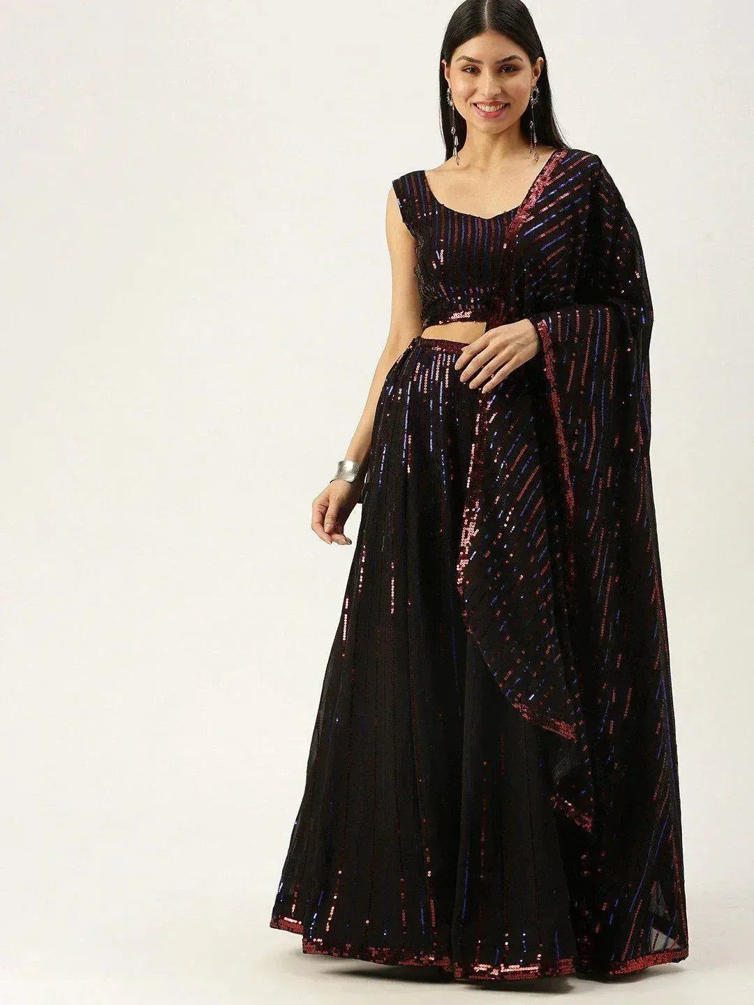 Black sequin lehenga choli with cape, Indian ethnic wear for festive occasions