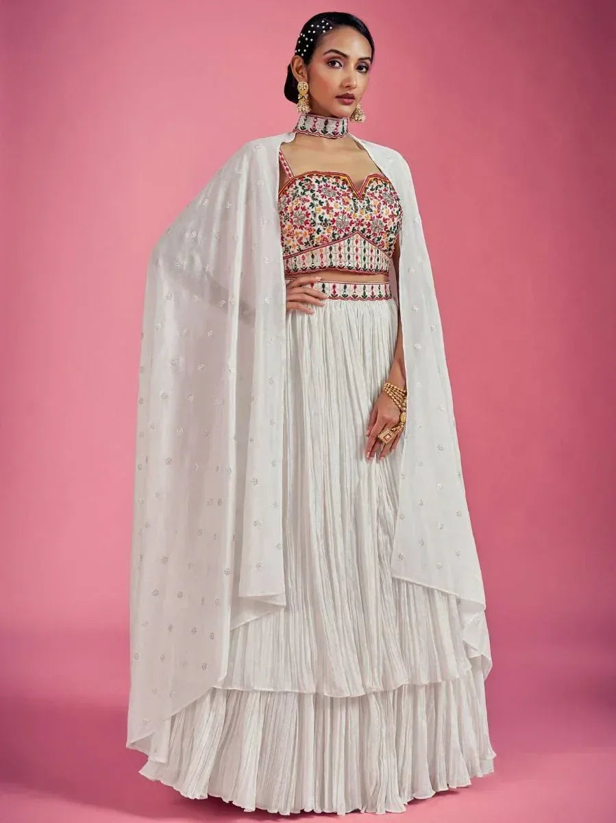 White floral embroidered lehenga choli with dupatta, Indian ethnic wear for women