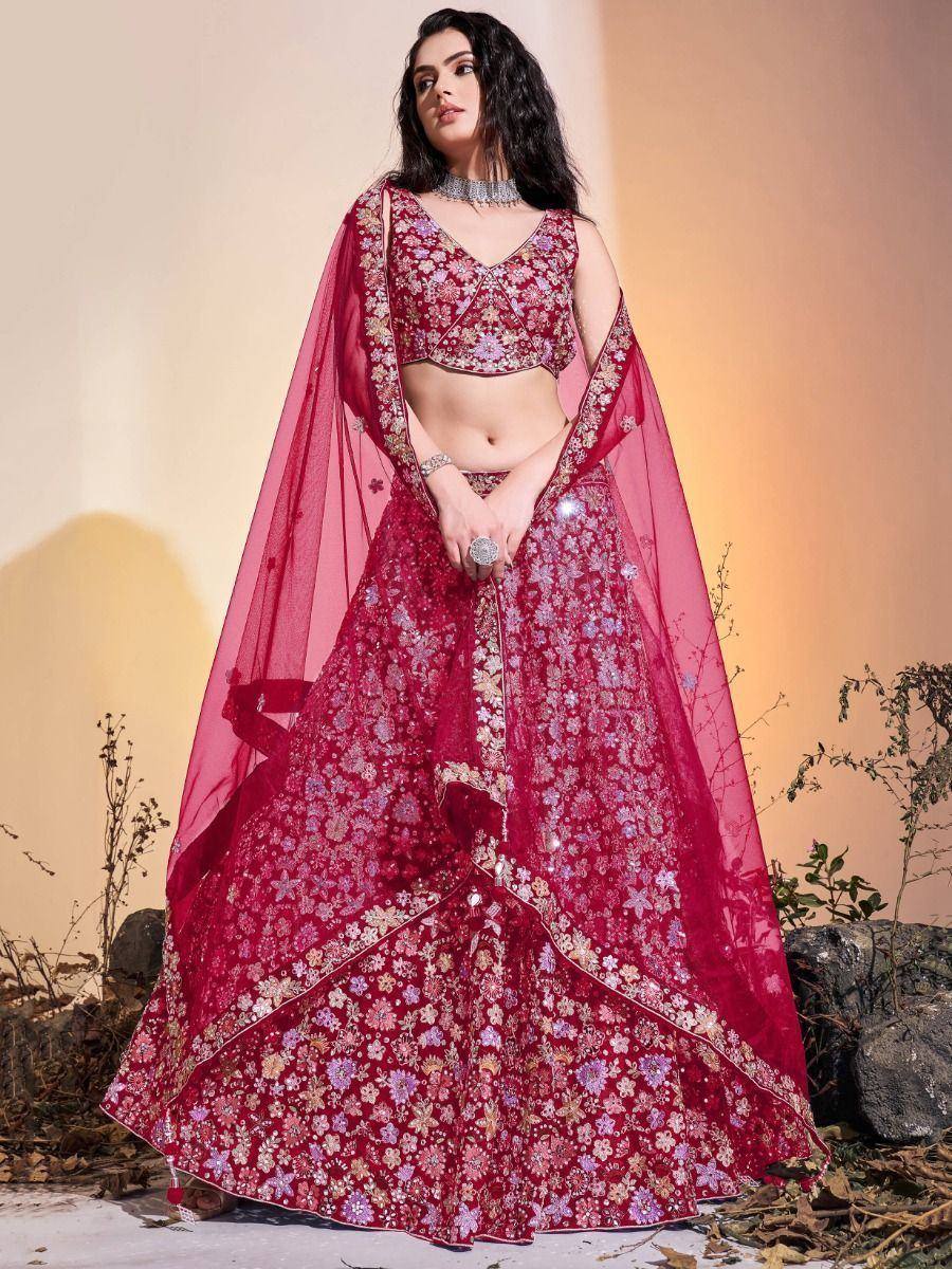 Red floral embroidered lehenga choli with sheer dupatta, perfect for Indian ethnic occasions