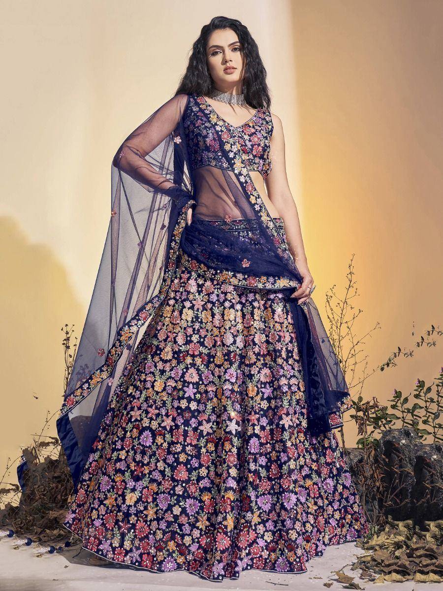 Floral print navy blue lehenga choli with sheer dupatta, ethnic Indian wear for weddings and festivals
