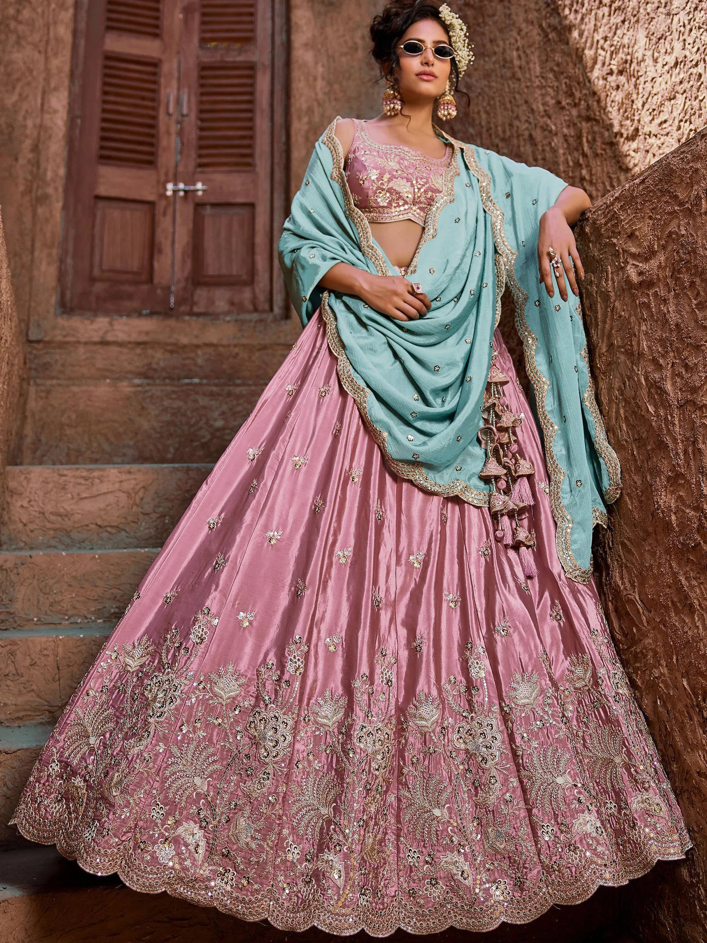 Noteworthy Pastel Pink Sequins Silk Wedding Wear Lehenga Choli