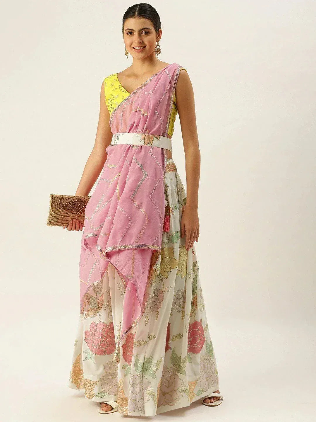 Pink floral print ethnic gown with yellow embroidered top, perfect for Indian occasions
