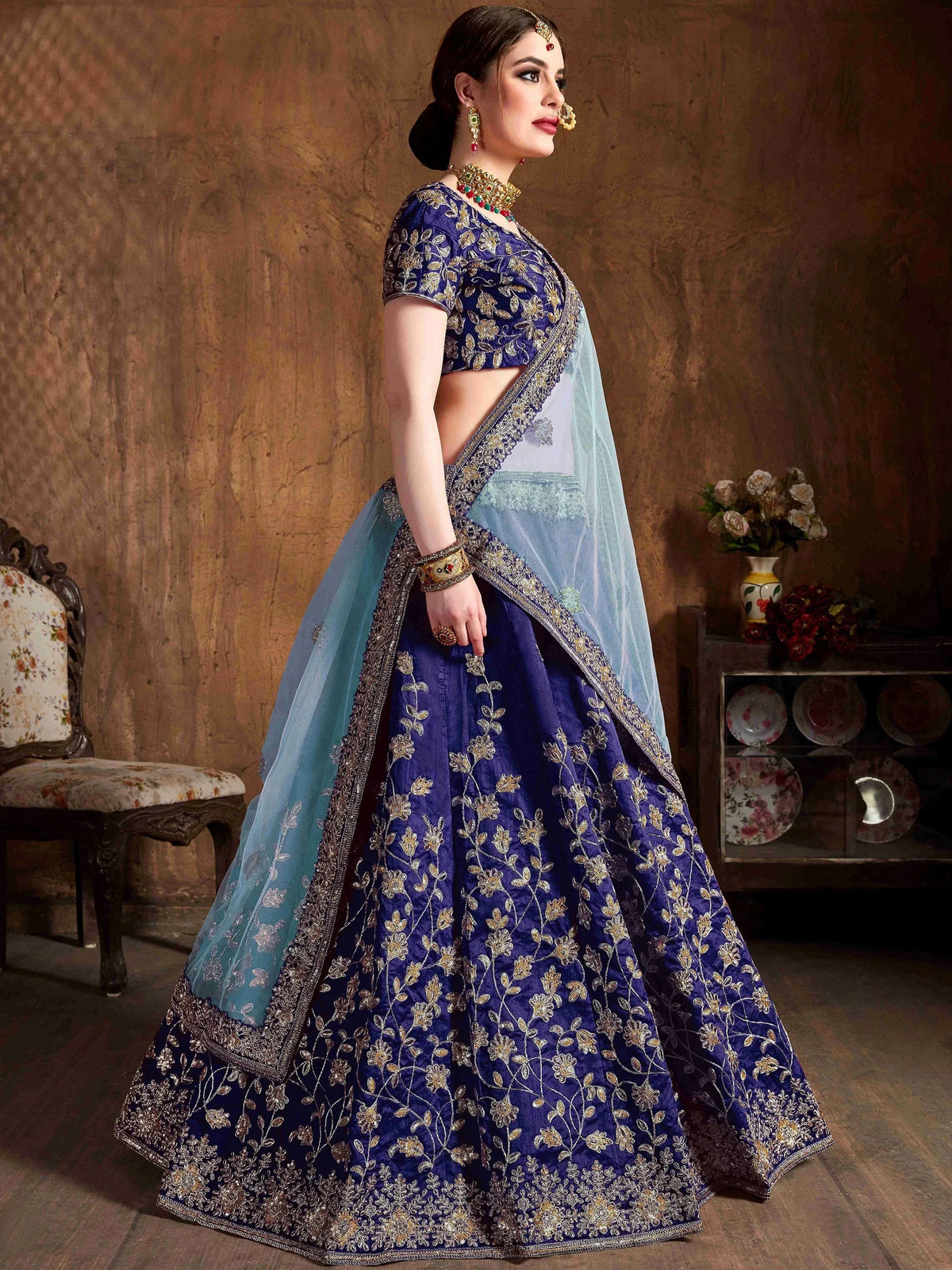 Attractive Blue Embroidered Silk Bridesmaid Plus Size Lehenga Choli