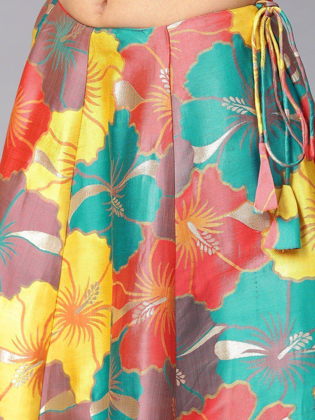 Vibrant floral print ethnic skirt with colorful hibiscus design and drawstring waist