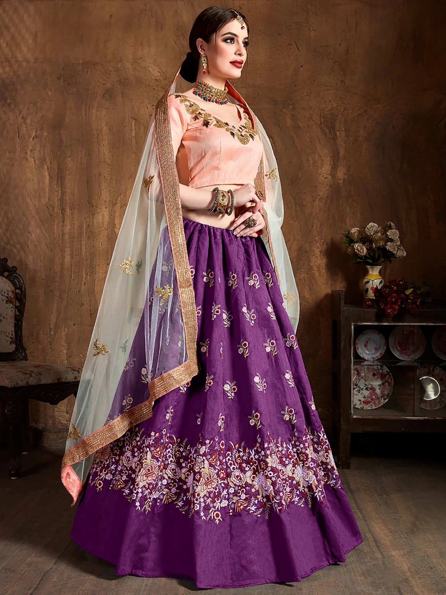 Gorgeous Purple Embroidered Silk Bridesmaid Plus Size Lehenga Choli