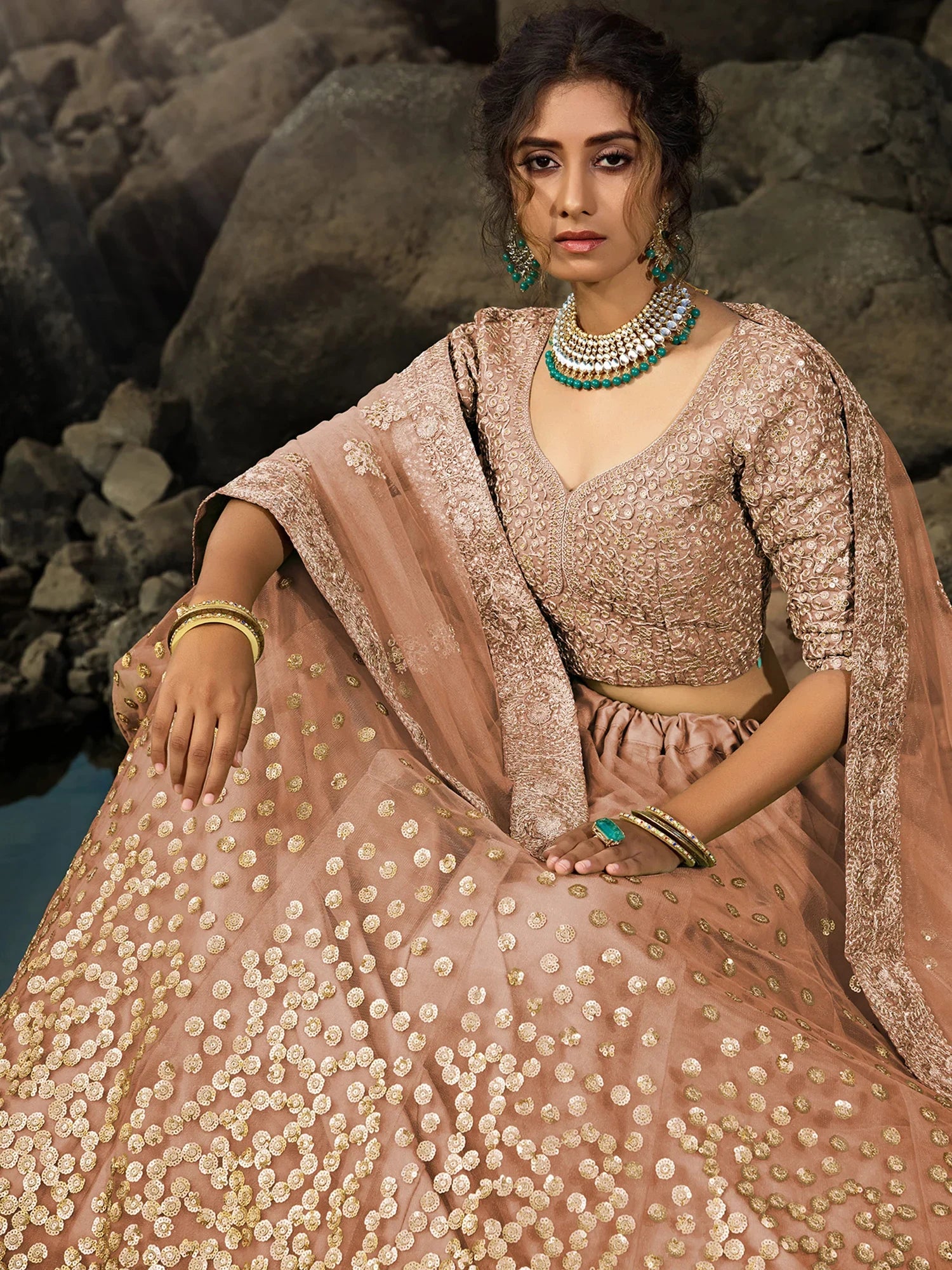 Fabulous Brown Sequins Net Wedding Wear Plus Size Lehenga Choli