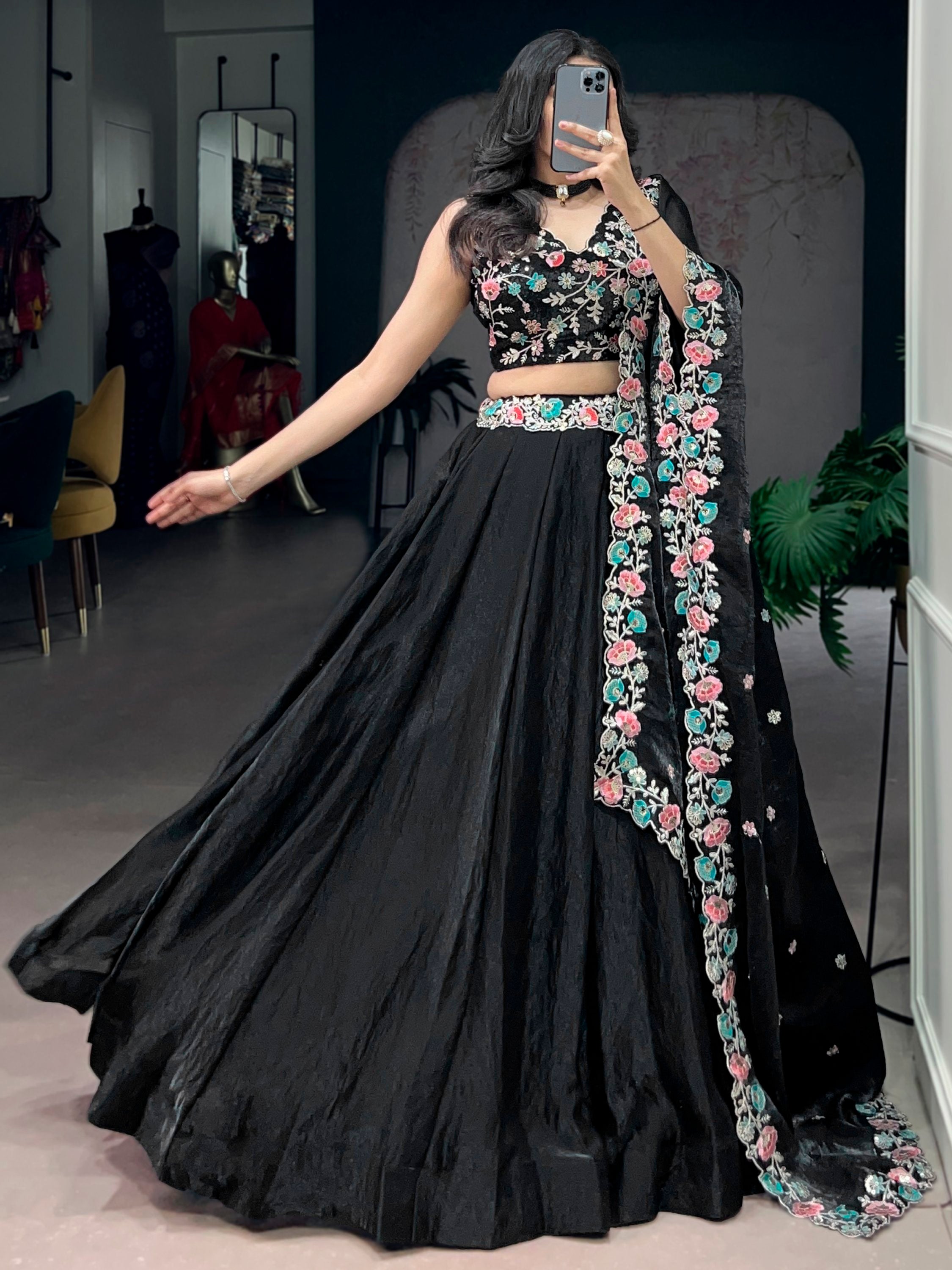 Classy Black Thread Work Organza Festive Wear Lehenga Choli