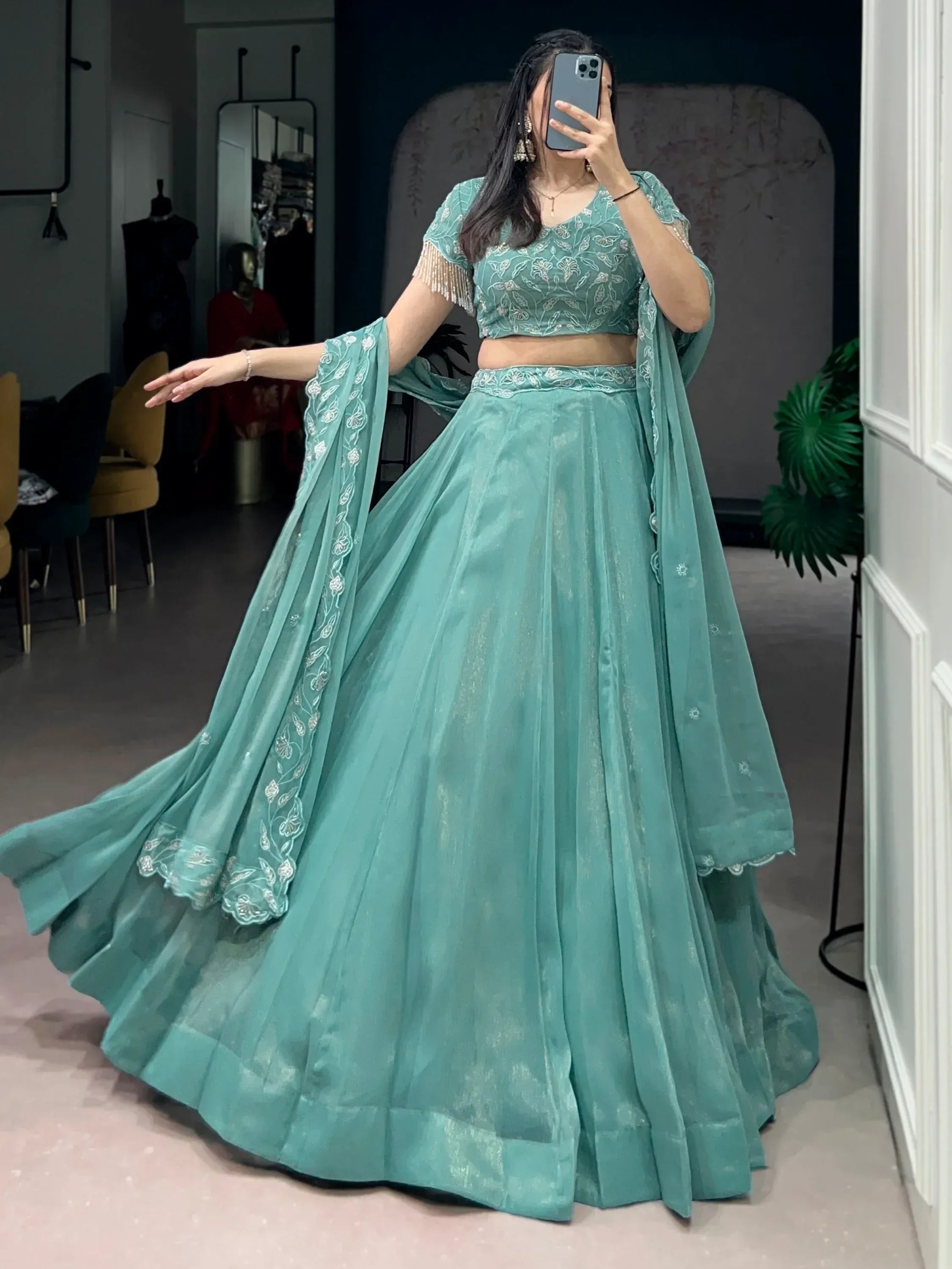 Stunning Sea Green Bead Work Organza Mehendi Wear Lehenga With Blouse