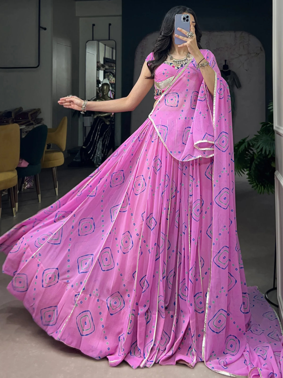 Regal Baby Pink Bandhej Printed Georgette Navratri Wear Lehenga Choli