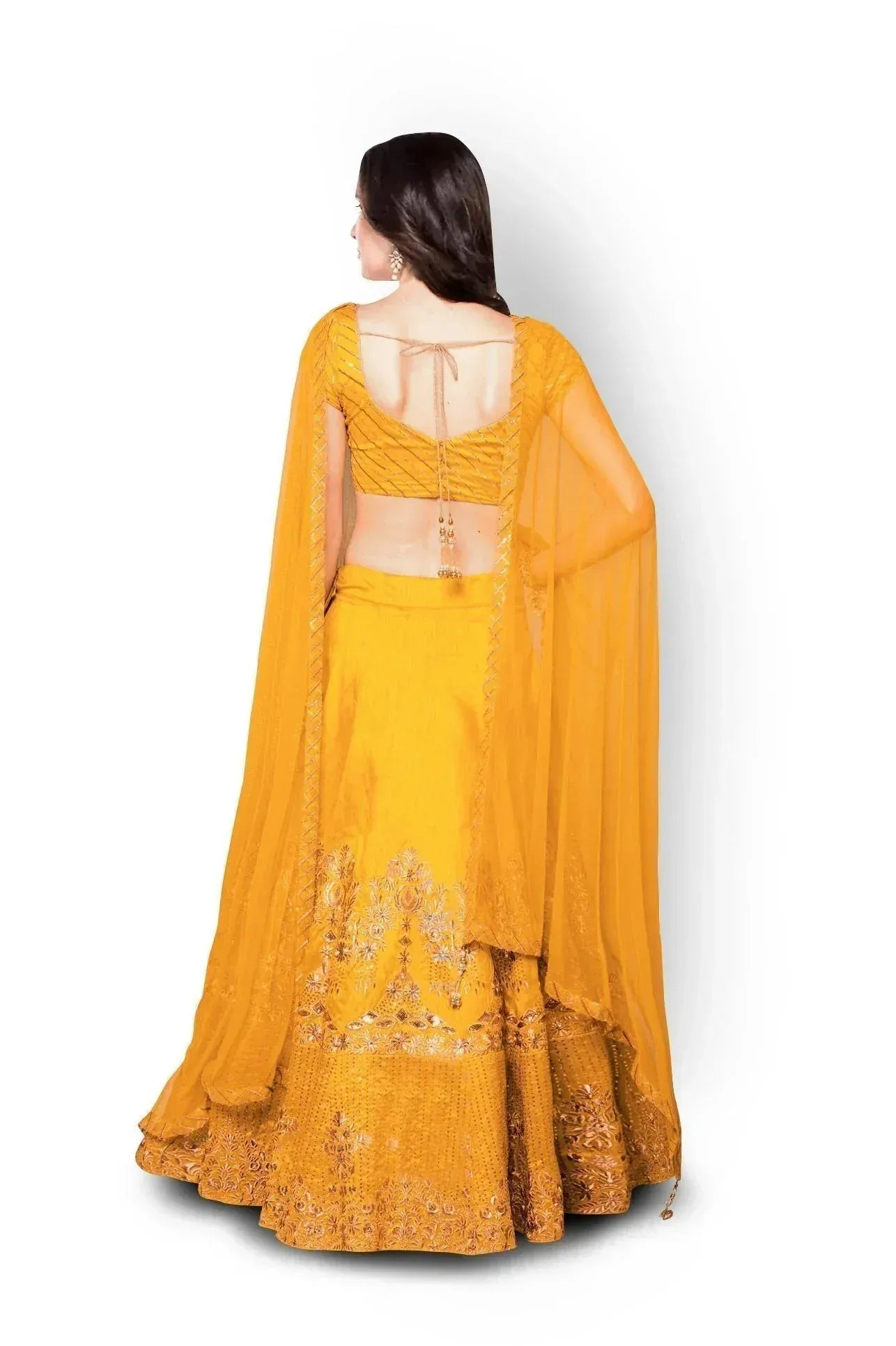 Yellow designer lehenga choli with back tie and embroidered dupatta, ethnic wear for women