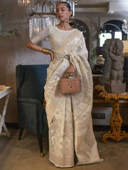 Gorgeous Off White Zari Weaving Linen Wedding Wear Saree With Blouse
