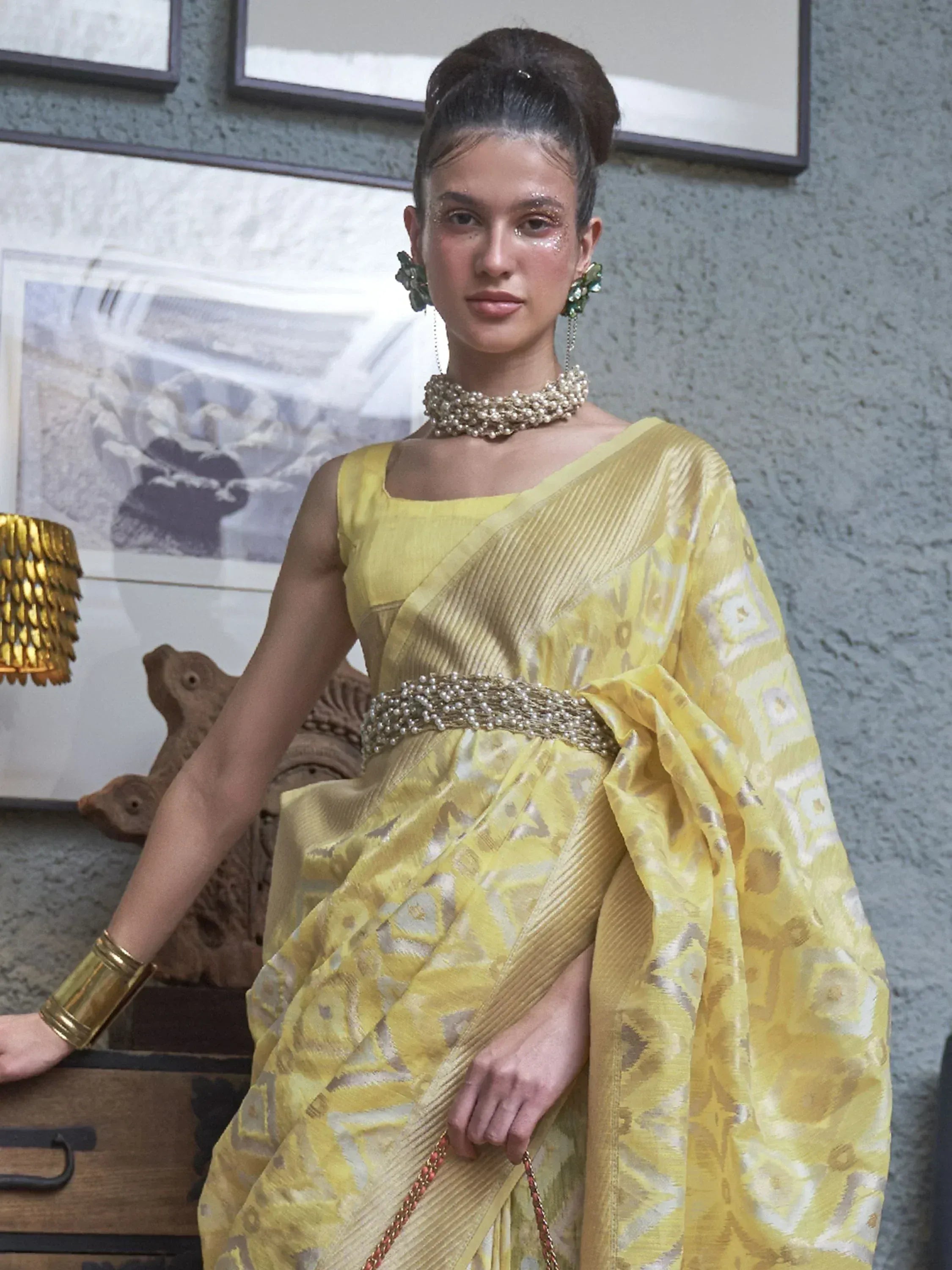 Yellow designer saree with pearl belt, ethnic wear for women, festive Indian fashion