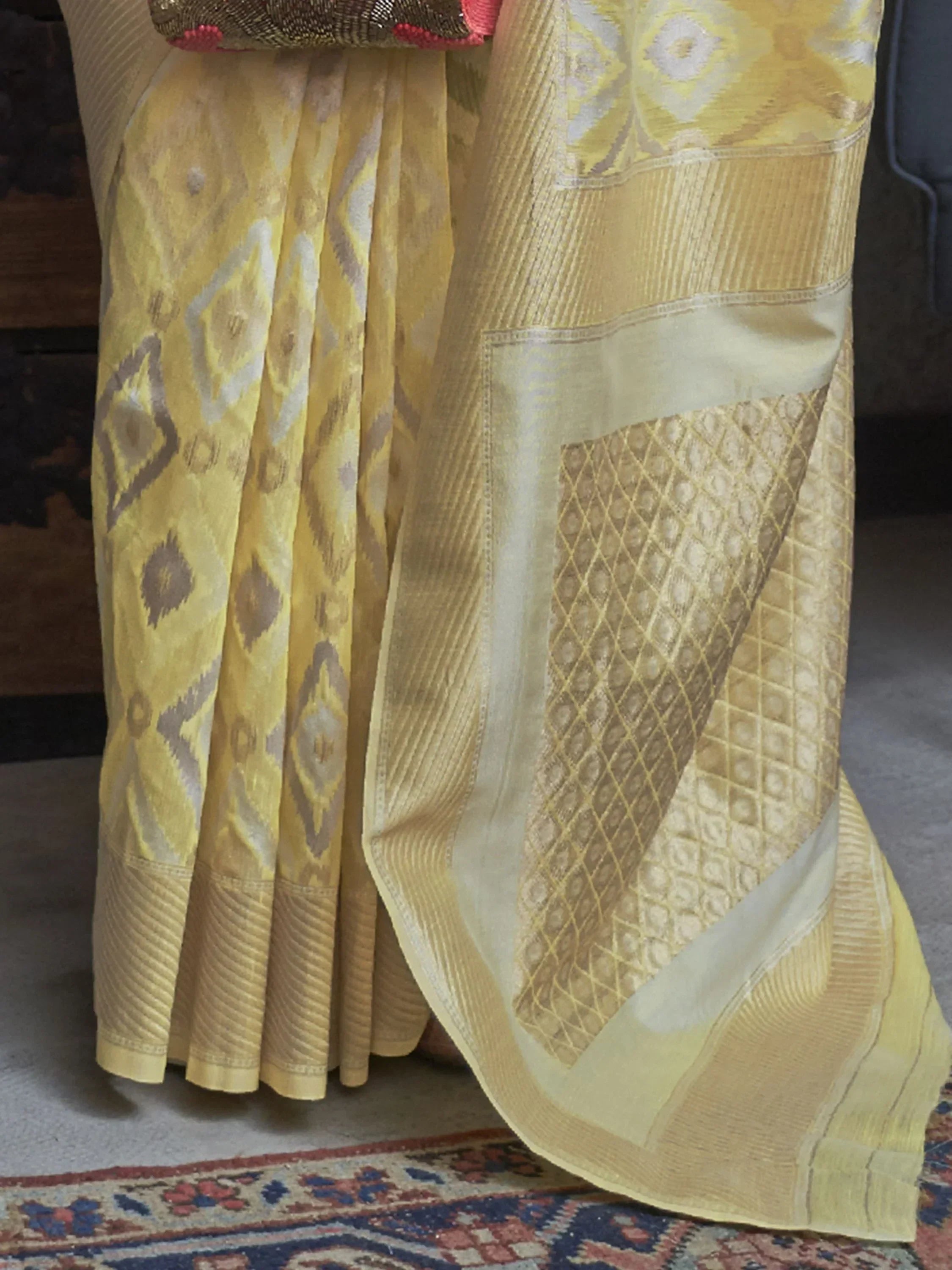 Charming Yellow Zari Weaving Linen Function Wear Saree With Blouse