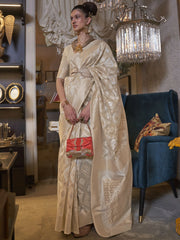 Charming Cream Zari Weaving Linen Function Wear Saree With Blouse