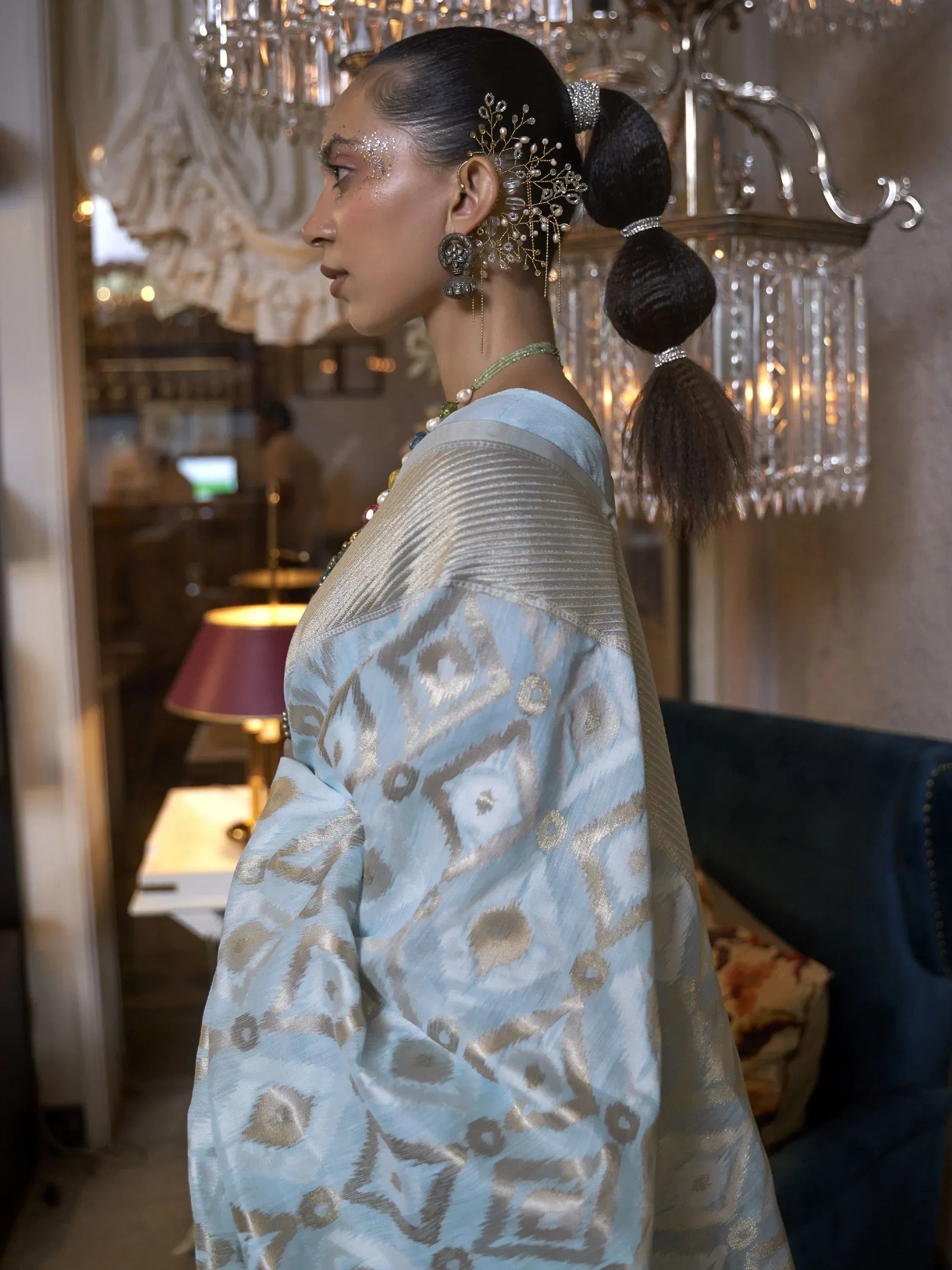 Winsome Sky Blue Zari Weaving Linen Wedding Wear Saree With Blouse