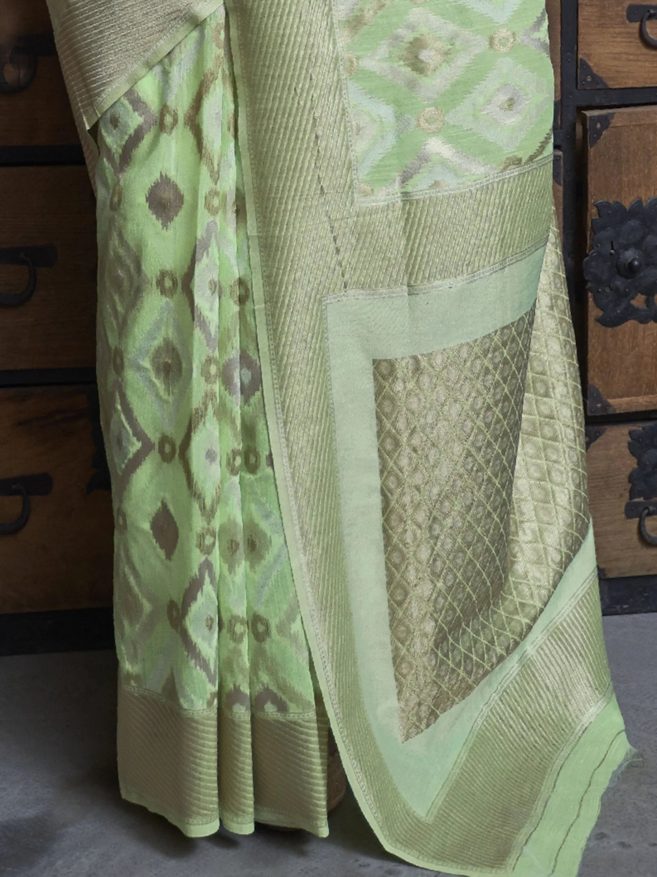Alluring Pista Color Zari Weaving Linen Function Wear Saree With Blouse