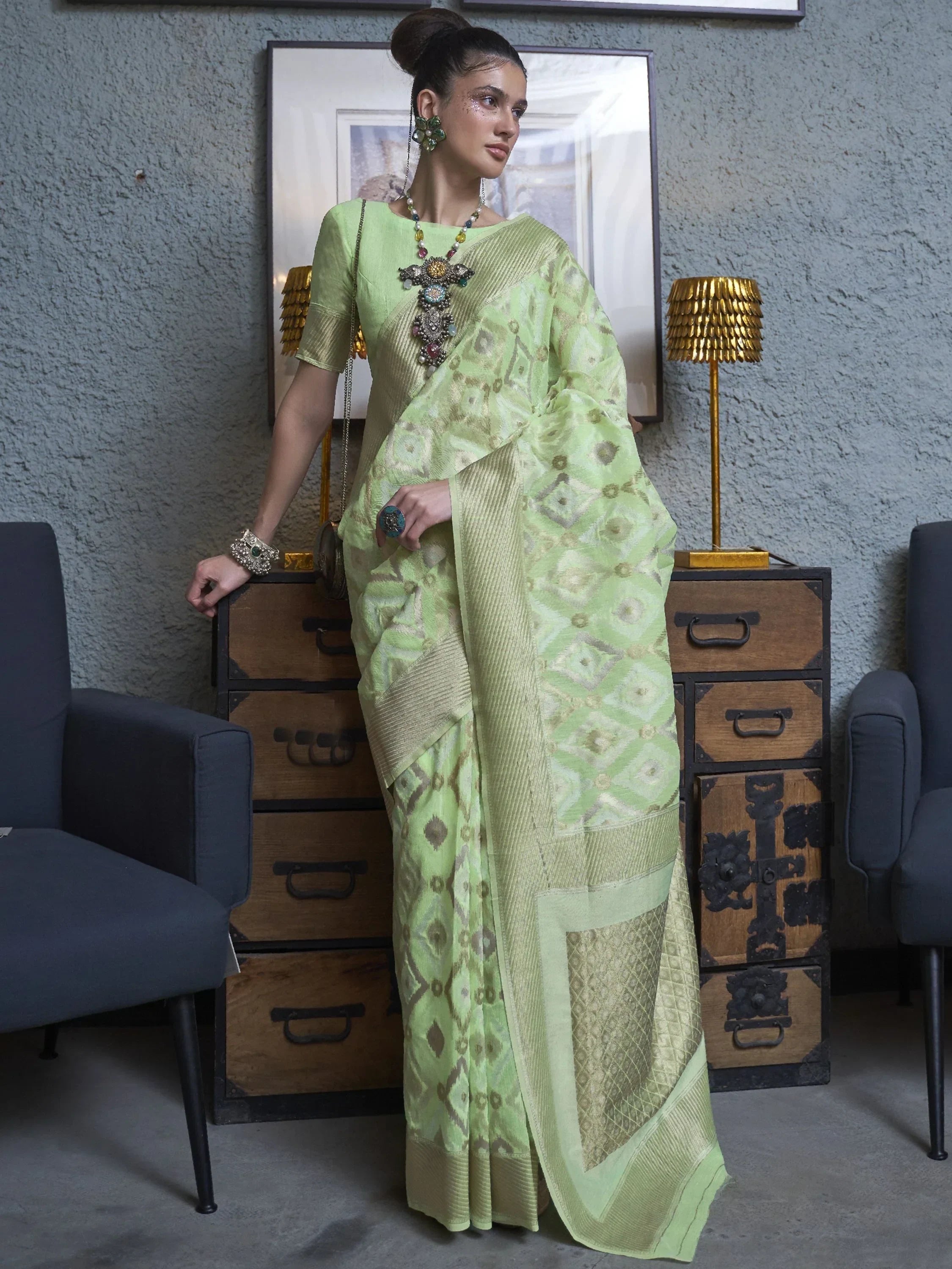 Alluring Pista Color Zari Weaving Linen Function Wear Saree With Blouse