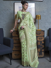 Alluring Pista Color Zari Weaving Linen Function Wear Saree With Blouse
