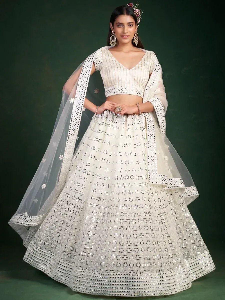 White mirror work lehenga choli with sheer dupatta, ethnic Indian bridal wear